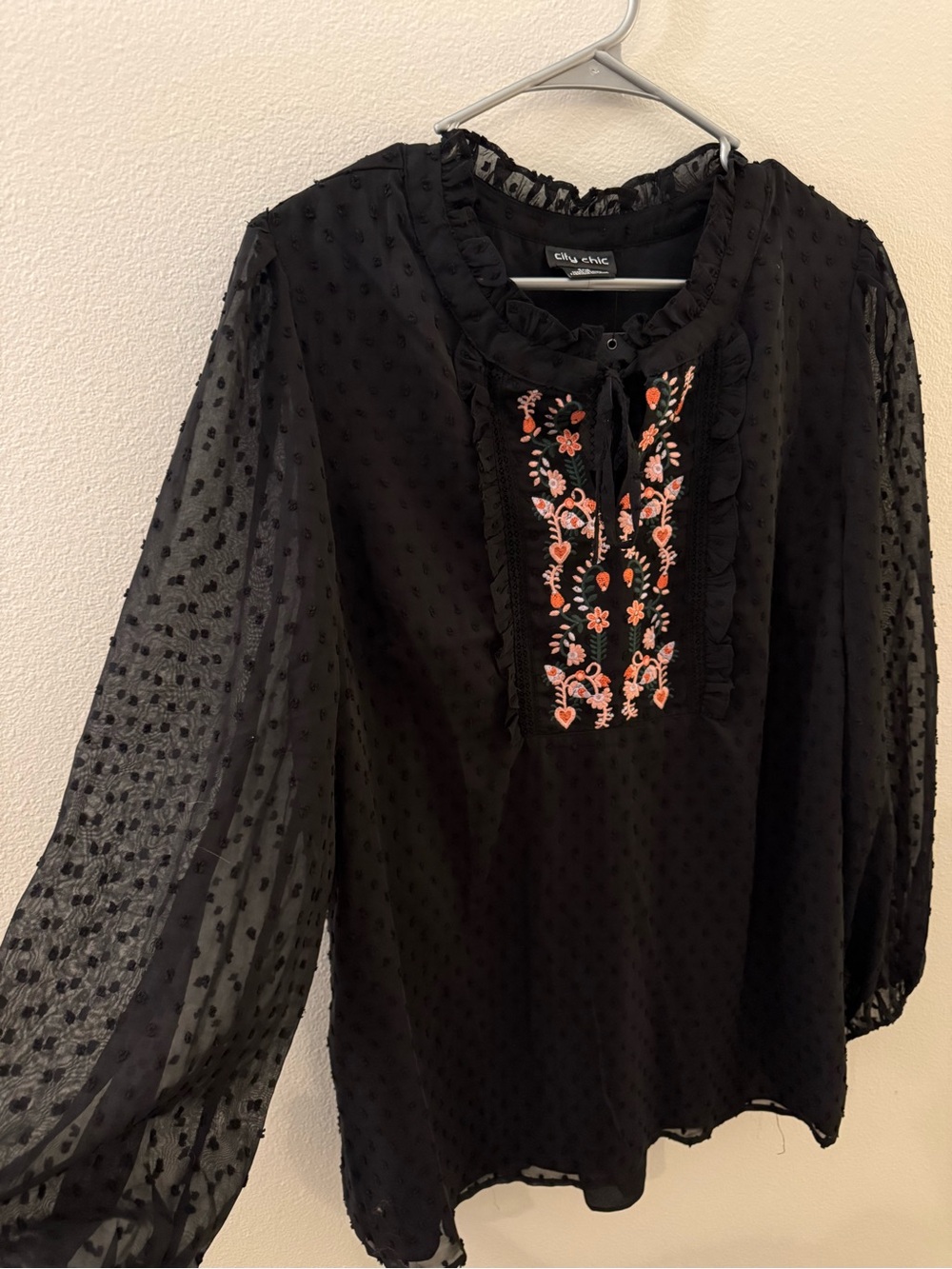 City Chic Black Sheer Swiss Dot Blouse with Coral Pink Embroidery